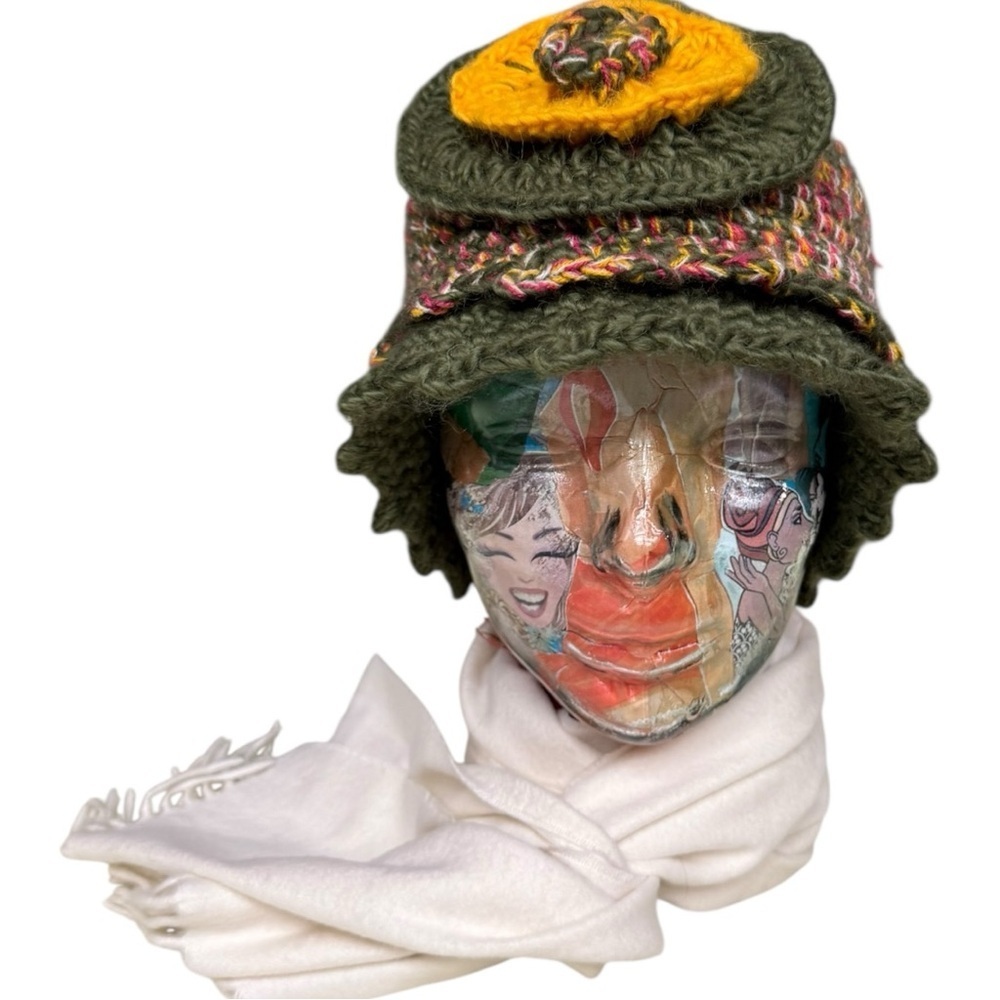 Cute Crochet Flower Hat Multicolor Knit Hat with Vintage Scarf Set Boho Cottage - Picture 9 of 10